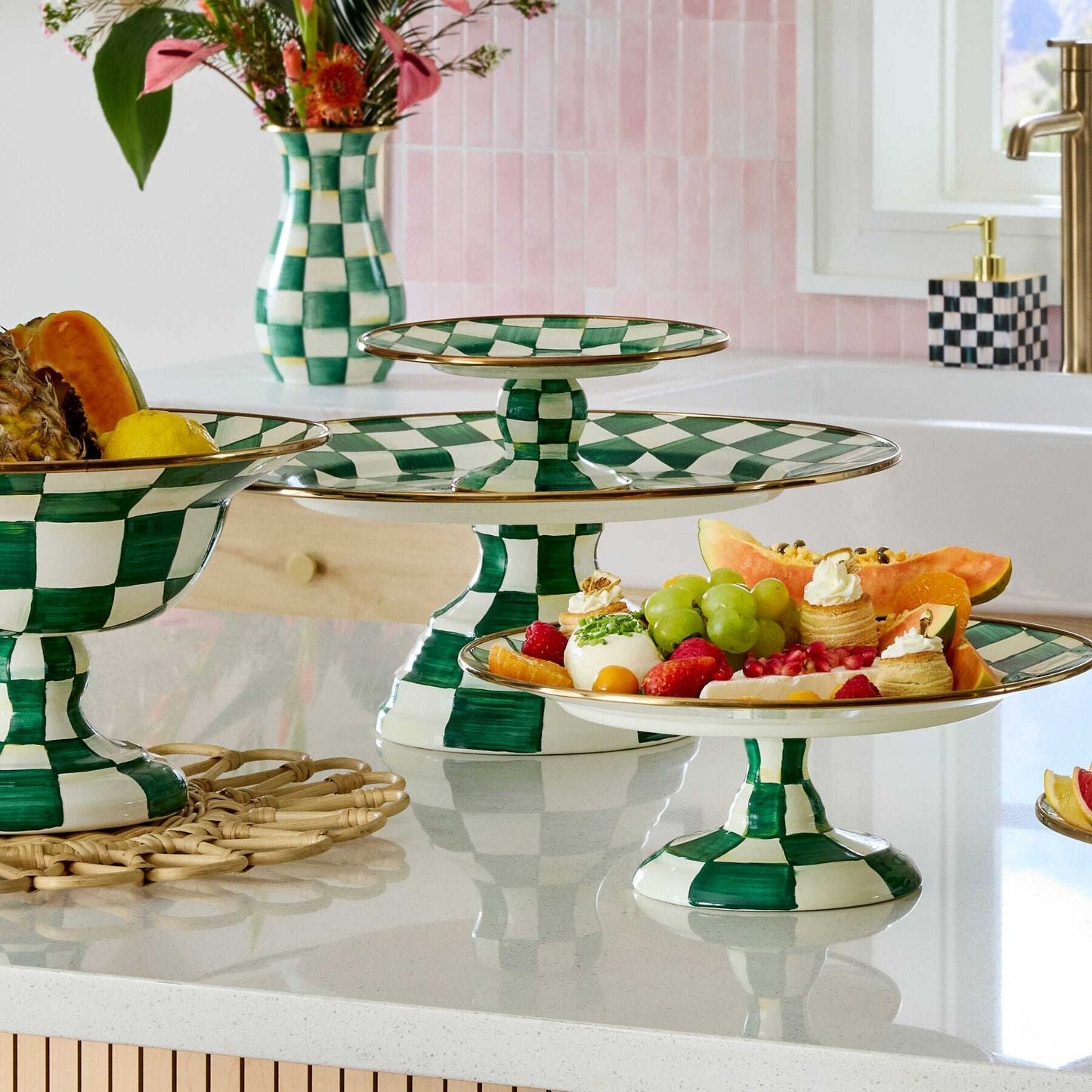 Emerald Check Large Pedestal Platter by Mackenzie-Childs